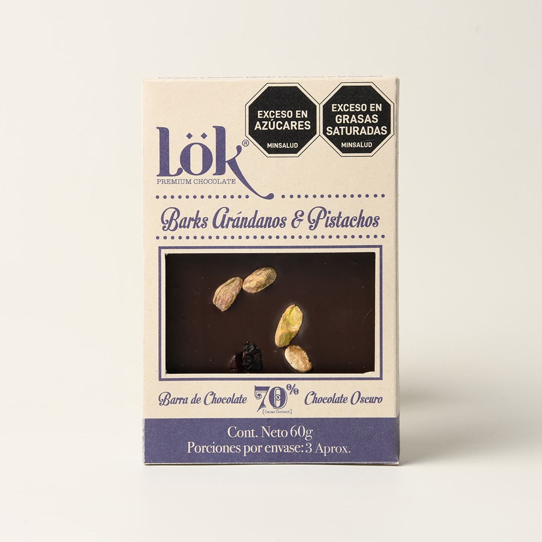 BARK LOK CHOCOLATE 70% ARANDANOS- PISTACHO